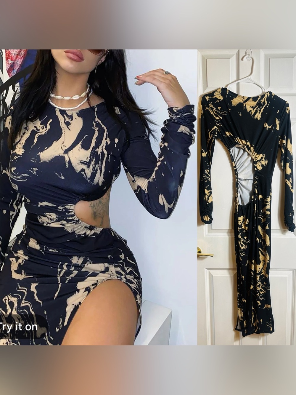 Fashion Nova Black and Beige Cutout Long Sleeve Bodycon Dress